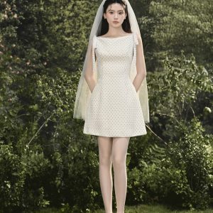 Đầm cổ ngang chân A buộc nơ 2 bên vai