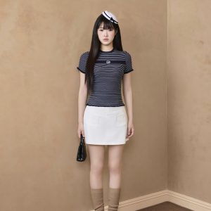 Áo mongtoghi kẻ ngang ôm sát có bèo viền cổ, tay áo